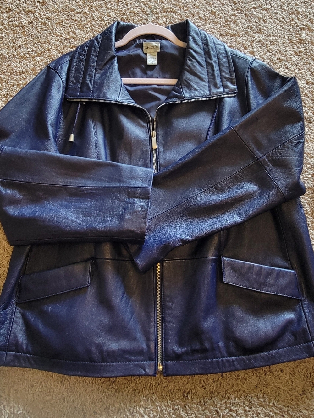 Chico's Women's Navy Leather Zip-Front Jacket